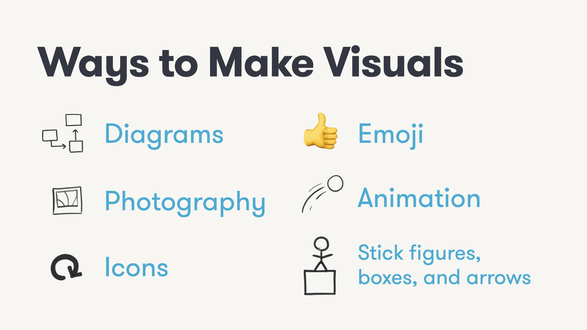 ways to make visuals include diagrams emoji photography animation icons stickfigures boxes and arrows